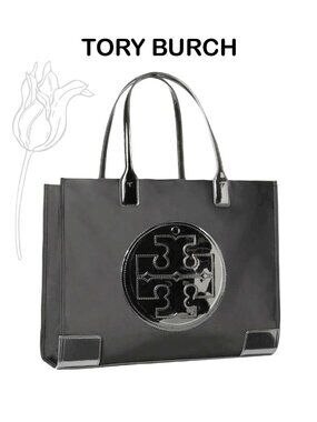 Tory Burch MINI ELLA Nylon/Patent Logo Tote Bag Black